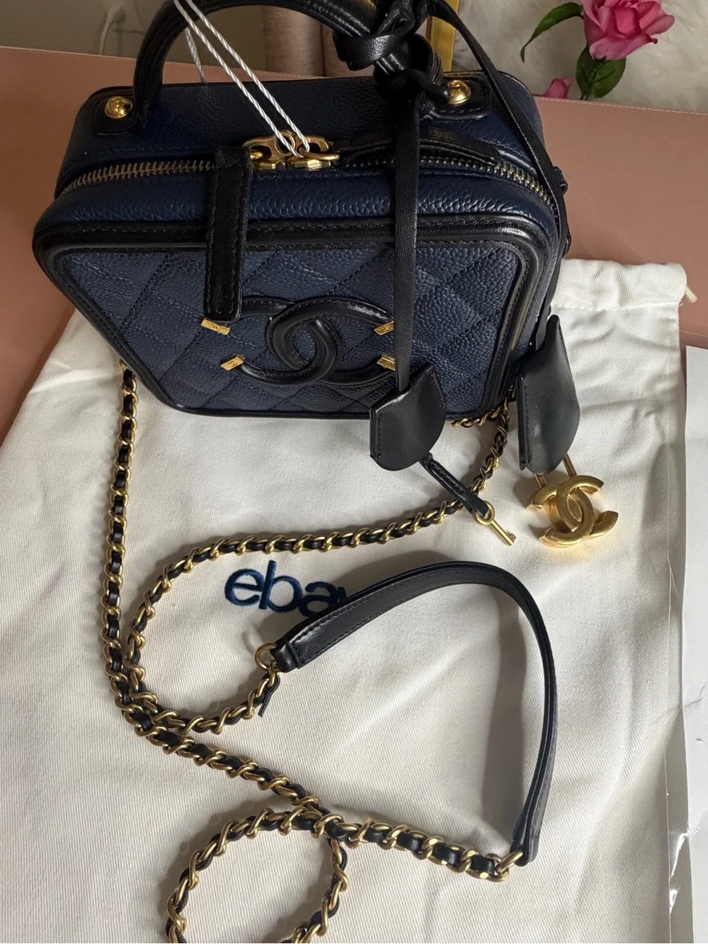 Chanel CC Filigree Small Vanity Case Navy & Black Caviar Leather Crossbody w/COA